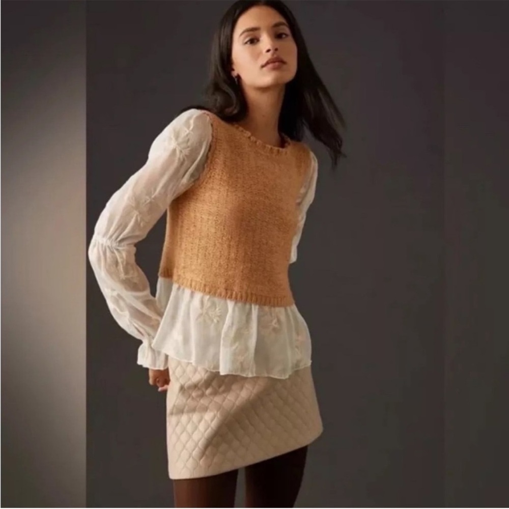 Anthropologie Ruffle Twofer Sweater Blouse Tan Cream Floral Lace Neutral Boho